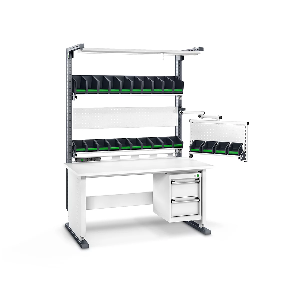 Système de poste de travail Bott Avero Module complet 2, réglable en hauteur par manivelle, panneau de particules revêtu HPL, jusqu'à 300 kg, gris clair/gris anthracite