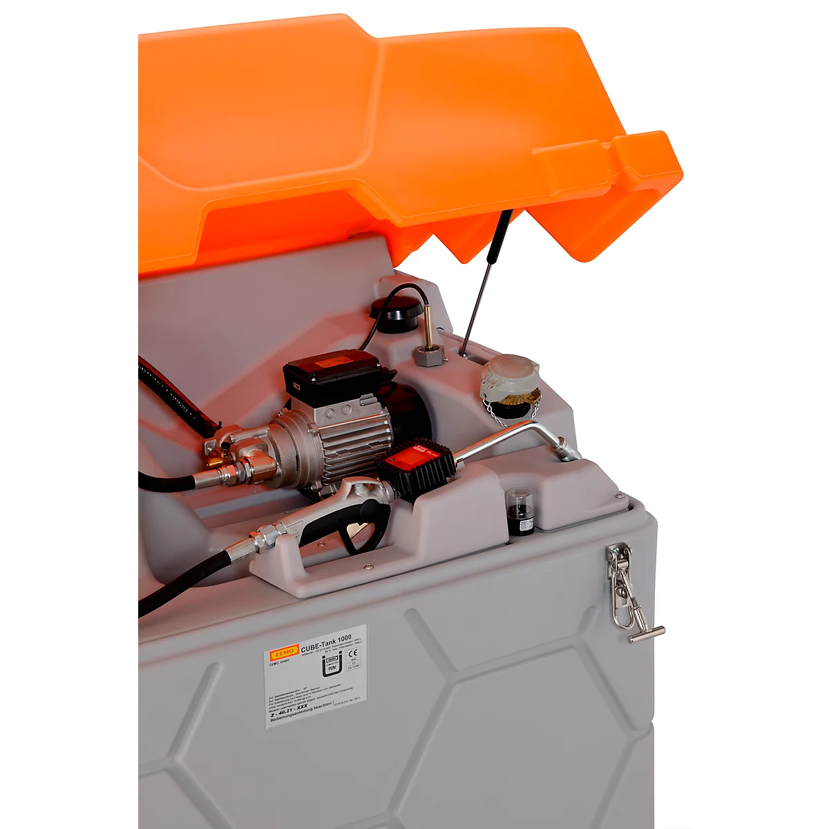 Système de réservoir de lubrifiant CEMO CUBE Outdoor Premium, pompe électrique 230 V, tuyau de 15 m, couvercle à charnière, volume de 1000 l