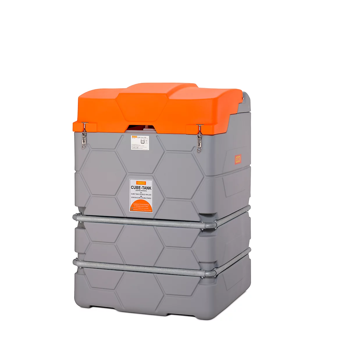 Système de réservoir de lubrifiant CEMO CUBE Outdoor Premium, pompe électrique 230 V, tuyau de 15 m, couvercle à charnière, volume de 1500 l