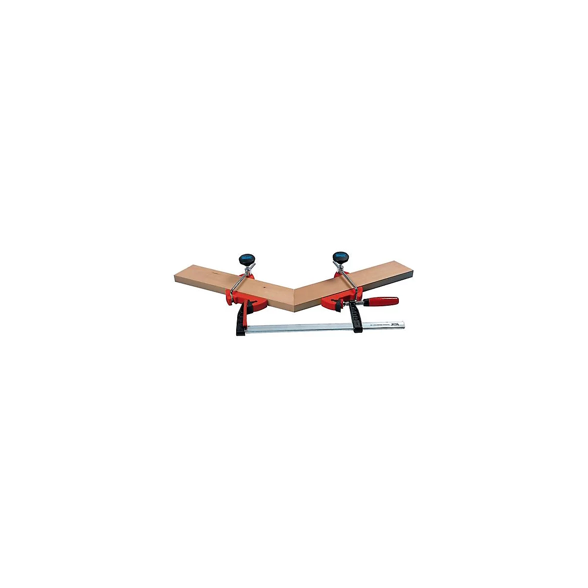 Deux parties en bois maintenues à angle droit par des serre-joints rouges.
