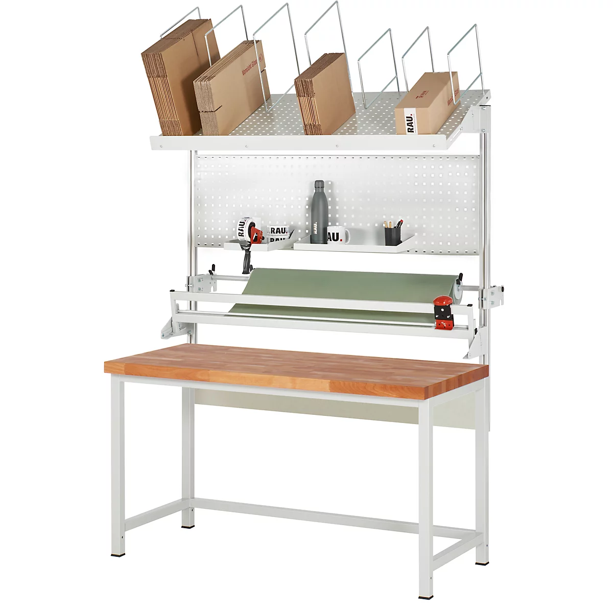 Une table d'emballage avec un plateau en bois brun et un cadre blanc. Au-dessus, des étagères pour boîtes et accessoires.