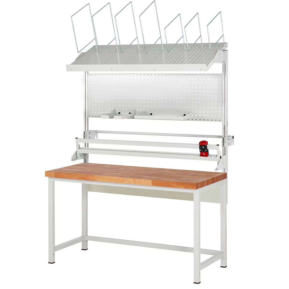 Établi avec plateau en bois, cadre et rangement.