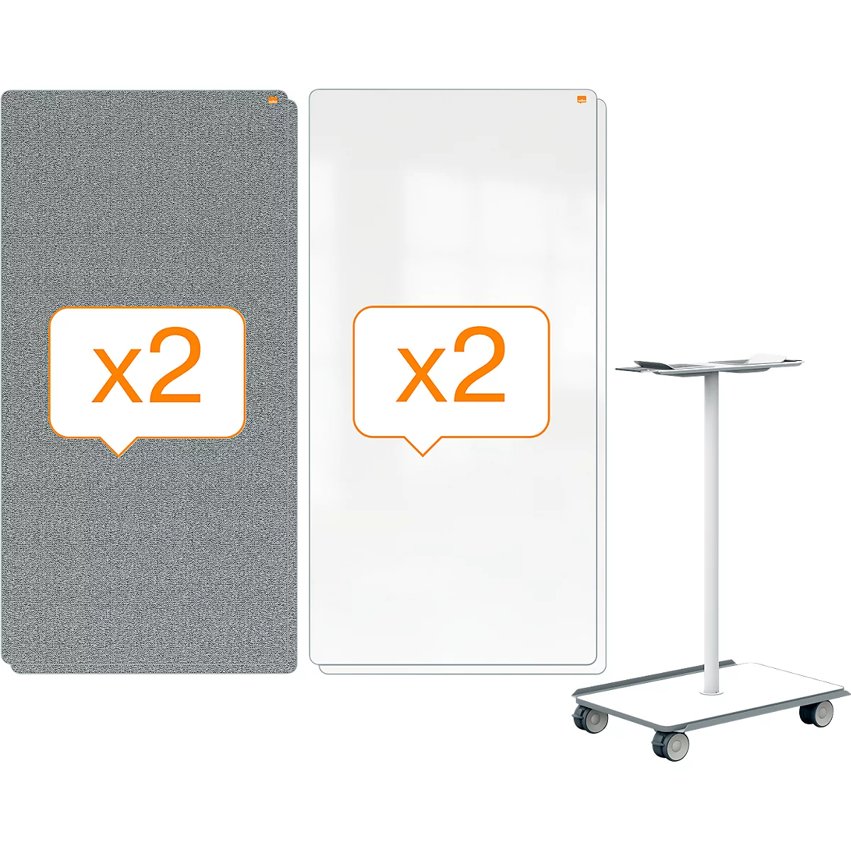 Système de tableau blanc et de tableau de notes mobile Nobo Move &amp; Meet, 2 tableaux blancs, 2 tableaux de notes, 900 x 1800 mm, magnétique, mobile