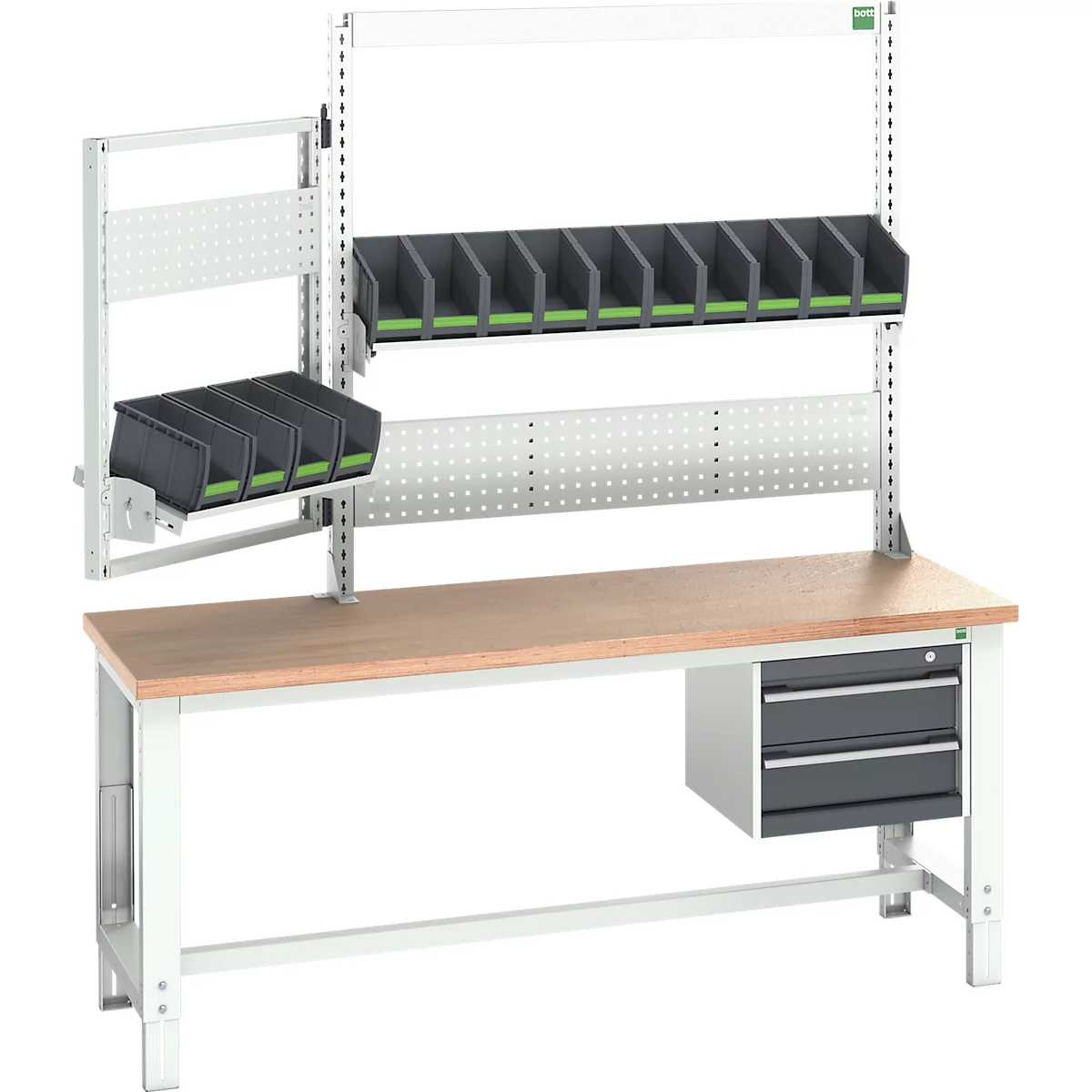 Systemwerkbank Bott cubio, mit Schubladen, Aufnahme- und Schwenkrahmen, Buche-Multiplexplatte, bis 800 kg, B 2000 x T 750 mm, Lichtgrau
