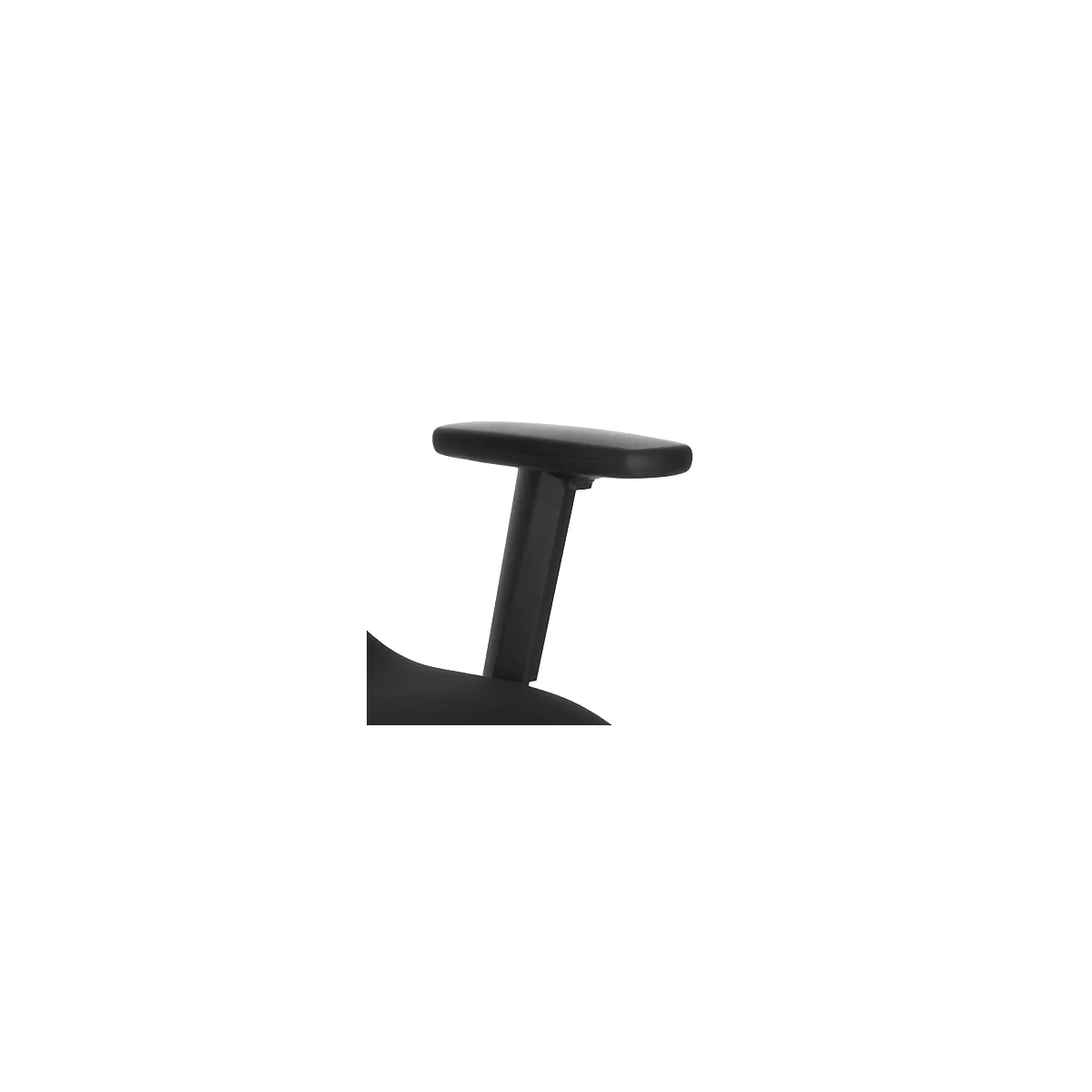 Close-up of a black armrest of an office chair. The armrest is horizontal and slightly rounded.