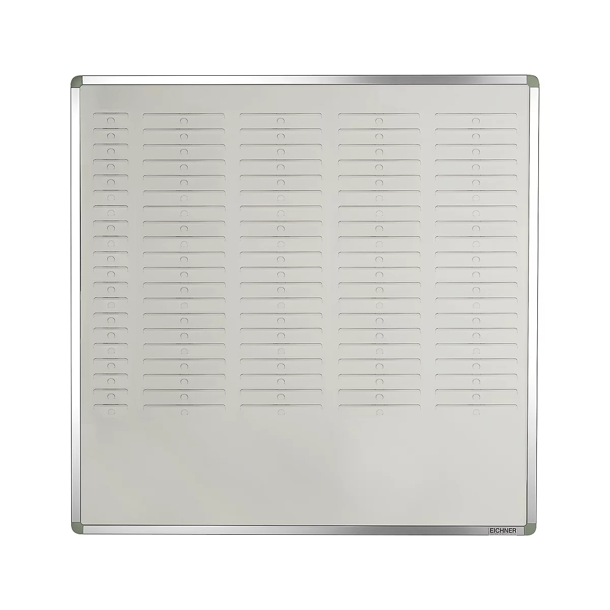 White Kanban board with columns and rows for cards. Silver frame, logo in the lower right corner.