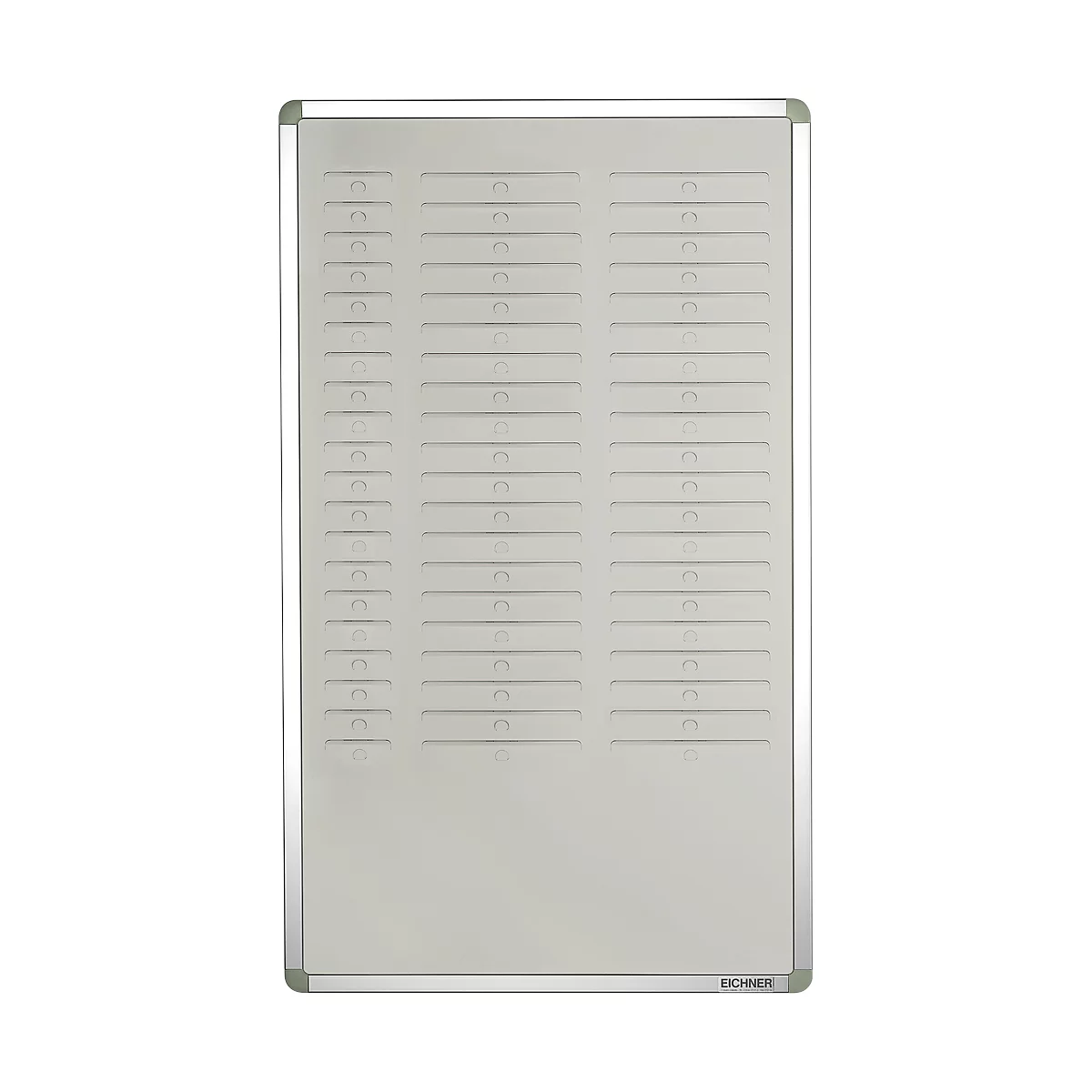 Grey, rectangular information board with numerous horizontal compartments. Silver frame on the edges.