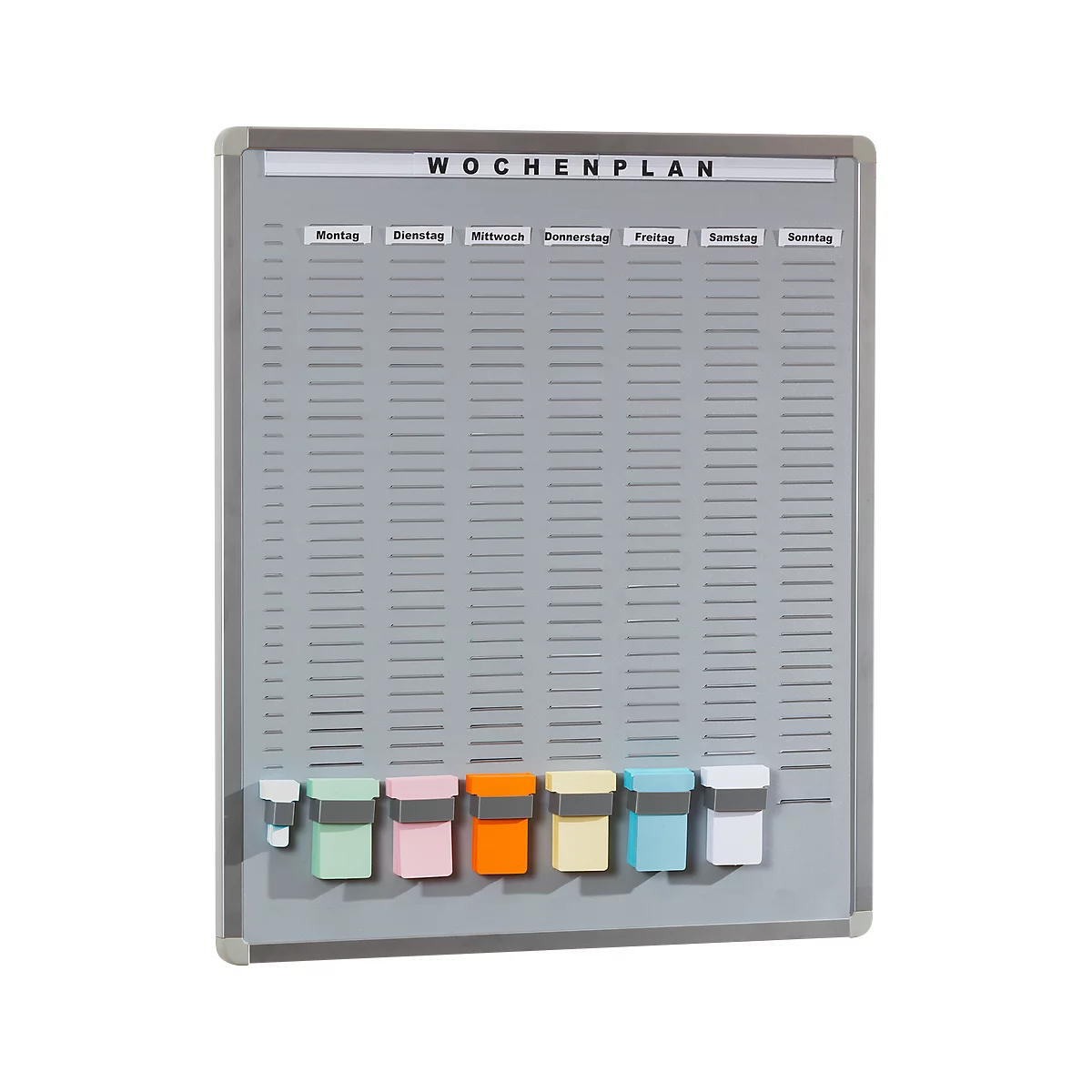 Grey weekly schedule board with days of the week. At the bottom are various colored containers. Top says "Wochenplan".