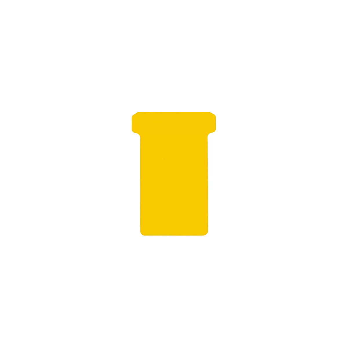 Yellow, rectangular tag with rounded corners and a recess at the top.