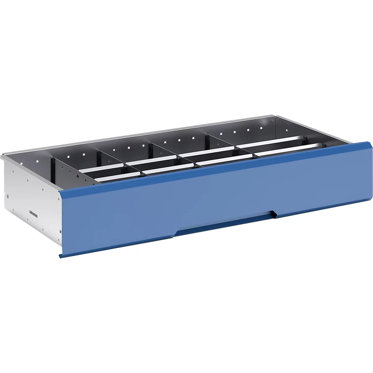 Un cajón dividido en varios compartimentos. Frente azul, resto plateado.