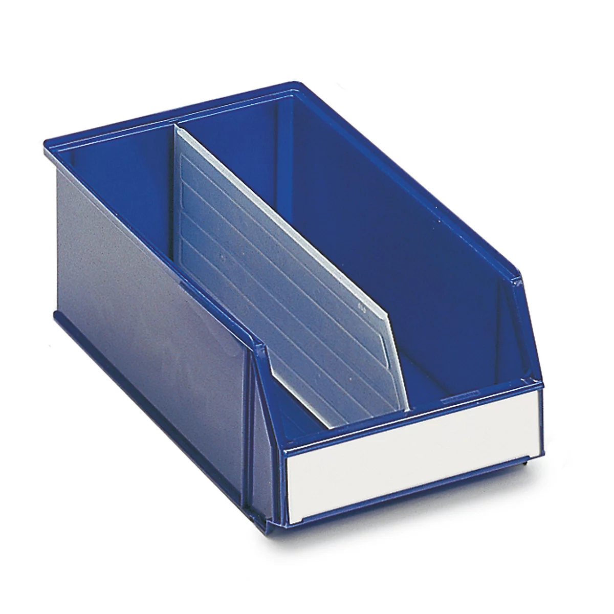 Caja de almacenamiento azul, rectangular, con divisor. Campo blanco en la parte inferior para etiquetado.