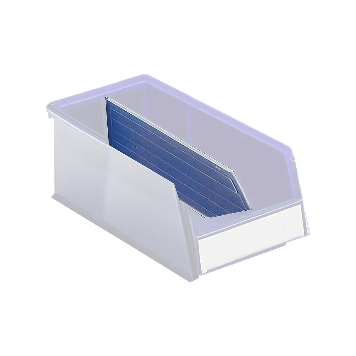 Contenedor transparente con inserto azul. No hay nada en la etiqueta.