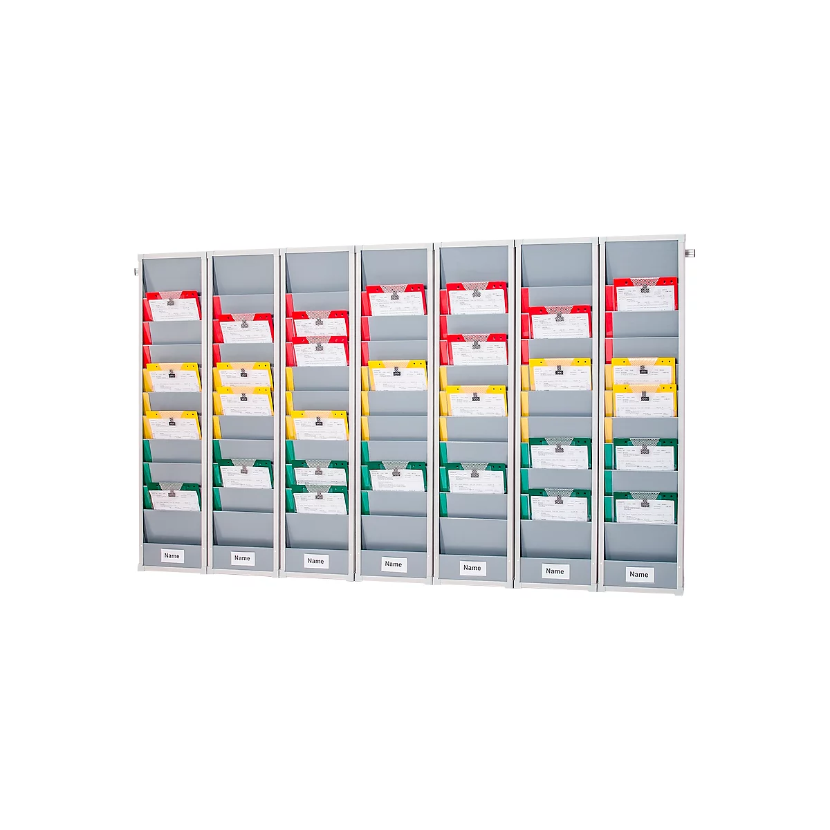 Tabla de planificación Eichner Flexo, juego de 7, con perfil de pared, 10 rieles por tabla, para hasta 70 bolsas de pedido, An 1700 x Pr 100 x Al 1280 mm, plástico, gris