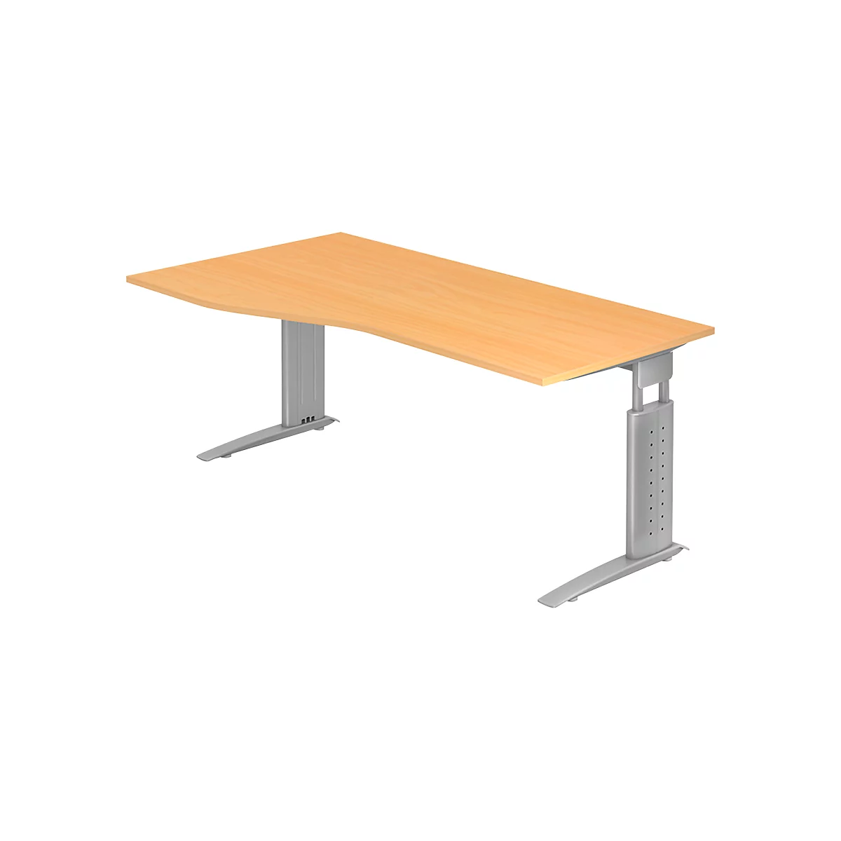 Table asymétrique TARVIS, l. 1800 x P 800/1000 x H 680 - 860 mm, armature argentée, coloris hêtre