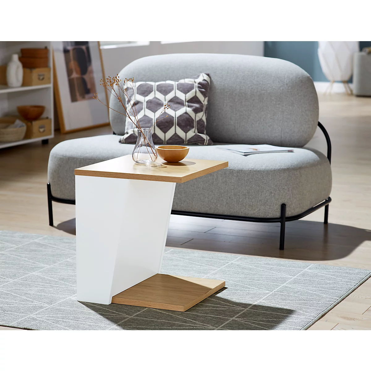 Table d'appoint Albi, L 400 x P 400 x H 460 mm, structure métallique/plateau tendu avec placage en bois véritable, chêne clair/blanc laqué