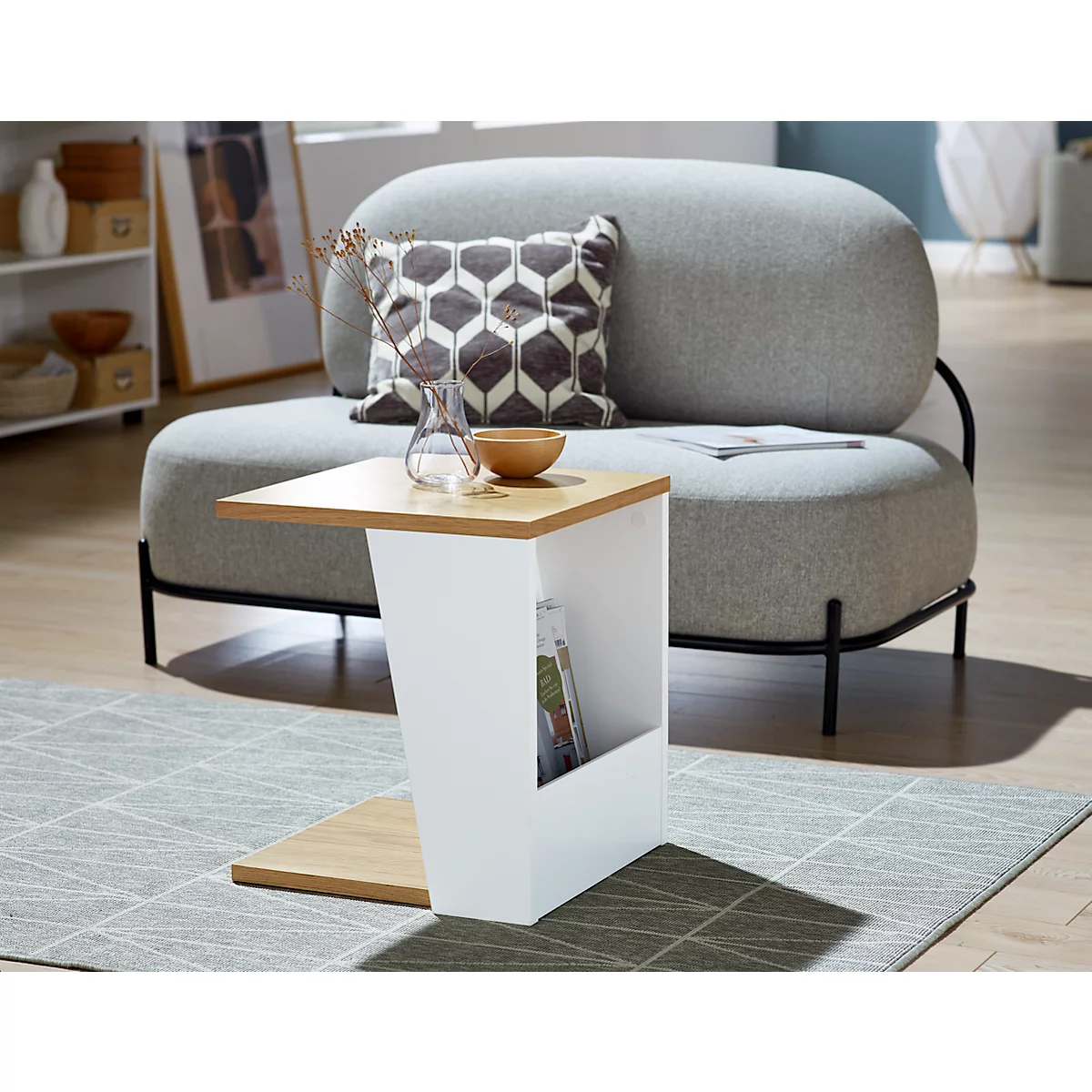 Table d'appoint Albi, L 400 x P 400 x H 460 mm, structure métallique/plateau tendu avec placage en bois véritable, chêne clair/blanc laqué