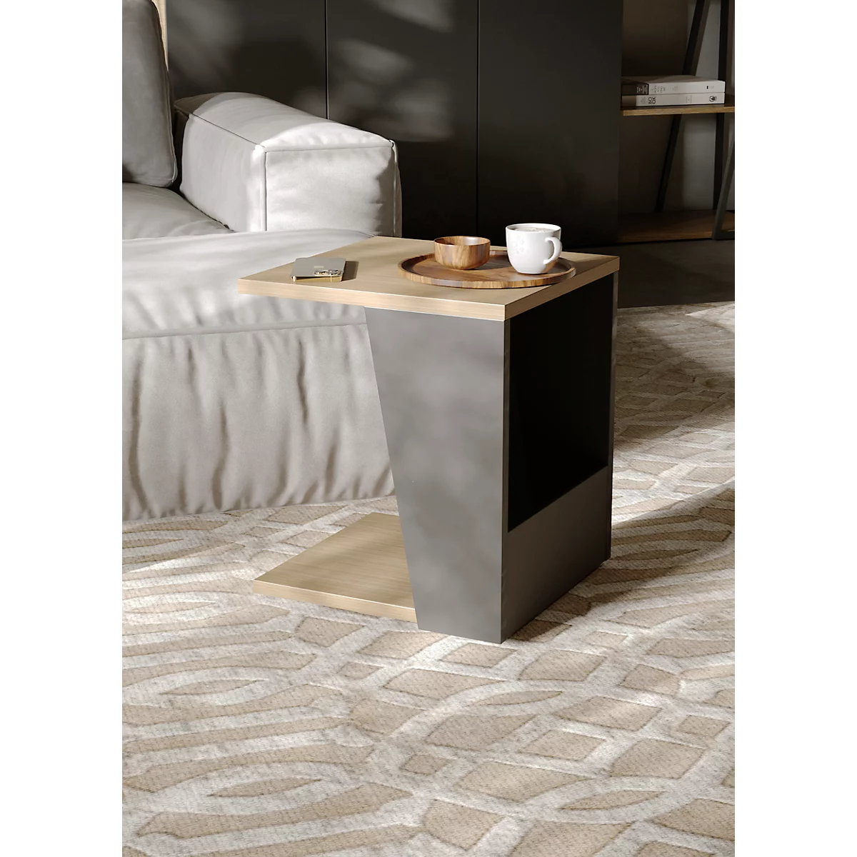 Table d'appoint Albi, L 400 x P 400 x H 460 mm, structure métallique/plateau tendu avec placage en bois véritable, chêne clair/noir laqué