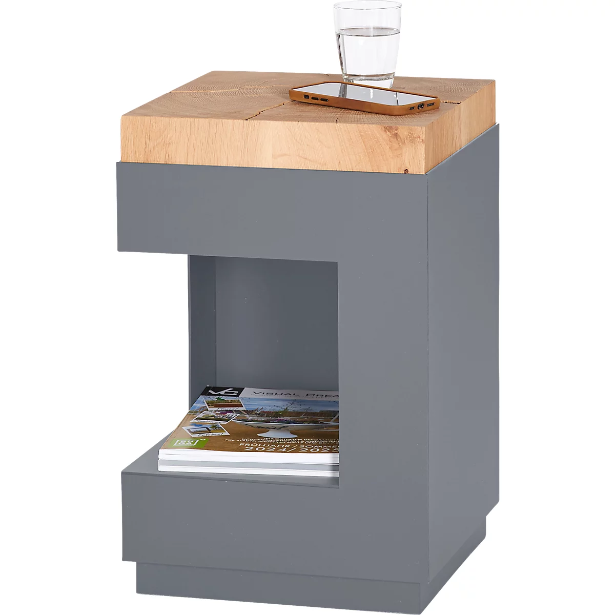 Table d'appoint, carrée, pied colonne avec vide-poches &amp; patins en feutre, jusqu'à 30 kg, L 350 x P 350 x H 540 mm, bois de cerf-chêne/acrylique, gris mat