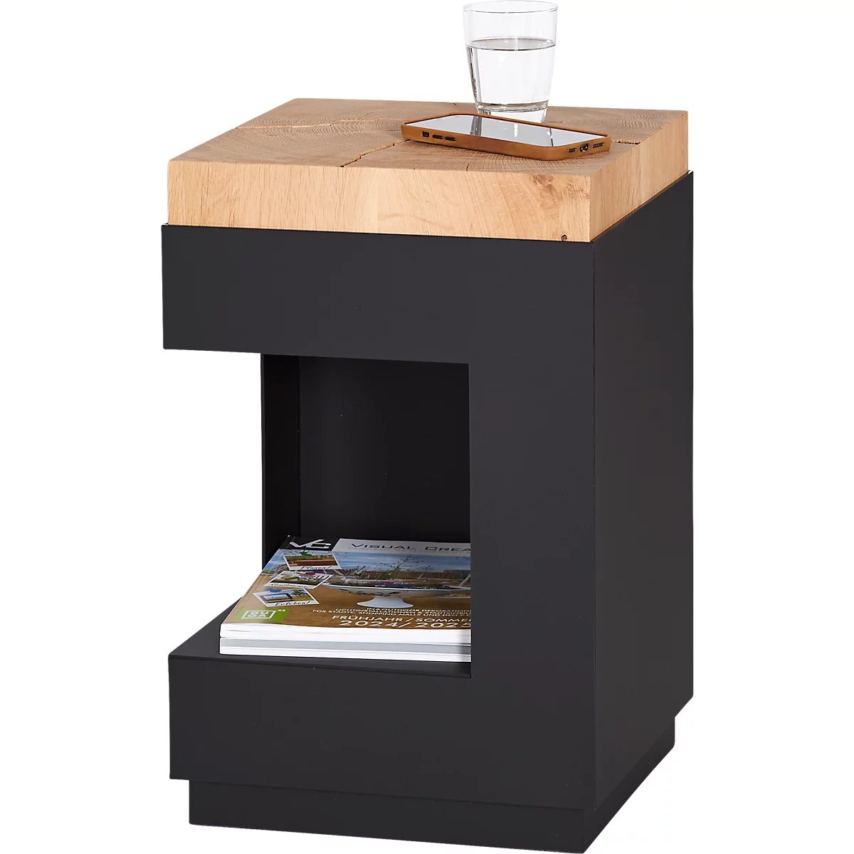 Table d'appoint, carrée, pied colonne avec vide-poches &amp; patins en feutre, jusqu'à 30 kg, L 350 x P 350 x H 540 mm, bois de cerf-chêne/acrylique, noir mat