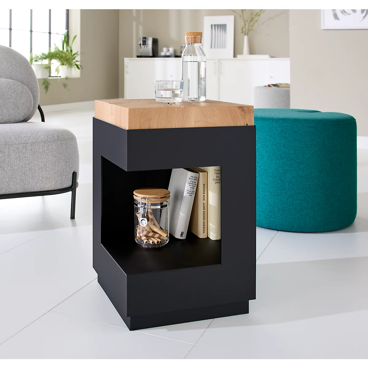 Table d'appoint, carrée, pied colonne avec vide-poches &amp; patins en feutre, jusqu'à 30 kg, L 350 x P 350 x H 540 mm, bois de cerf-chêne/acrylique, noir mat