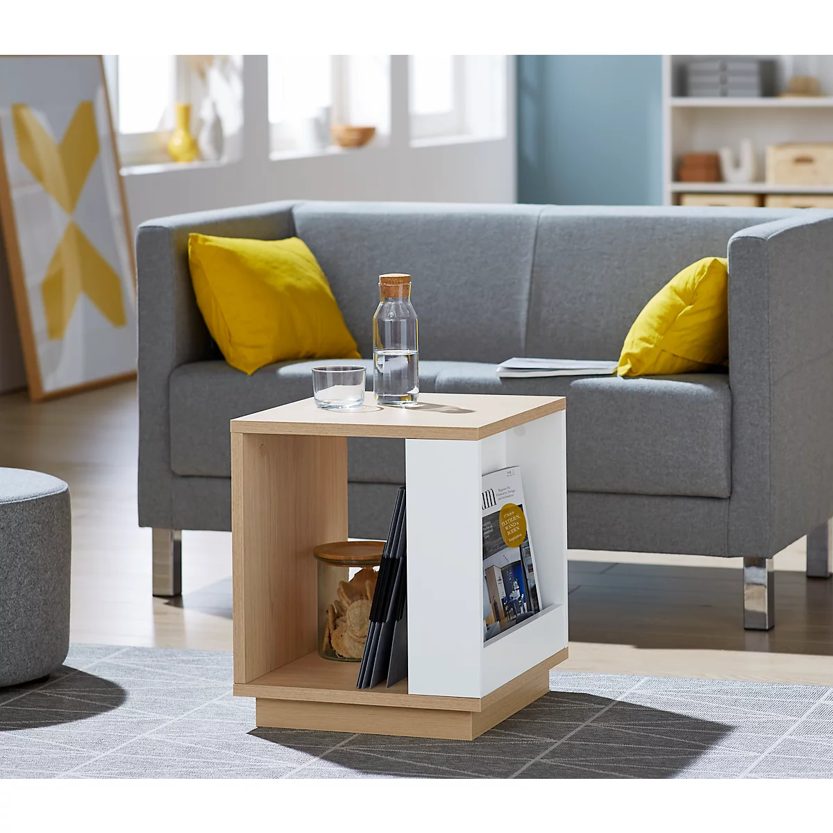 Table d'appoint Ella, compartiment latéral, L 400 x P 400 x H 470 mm, chêne clair/blanc
