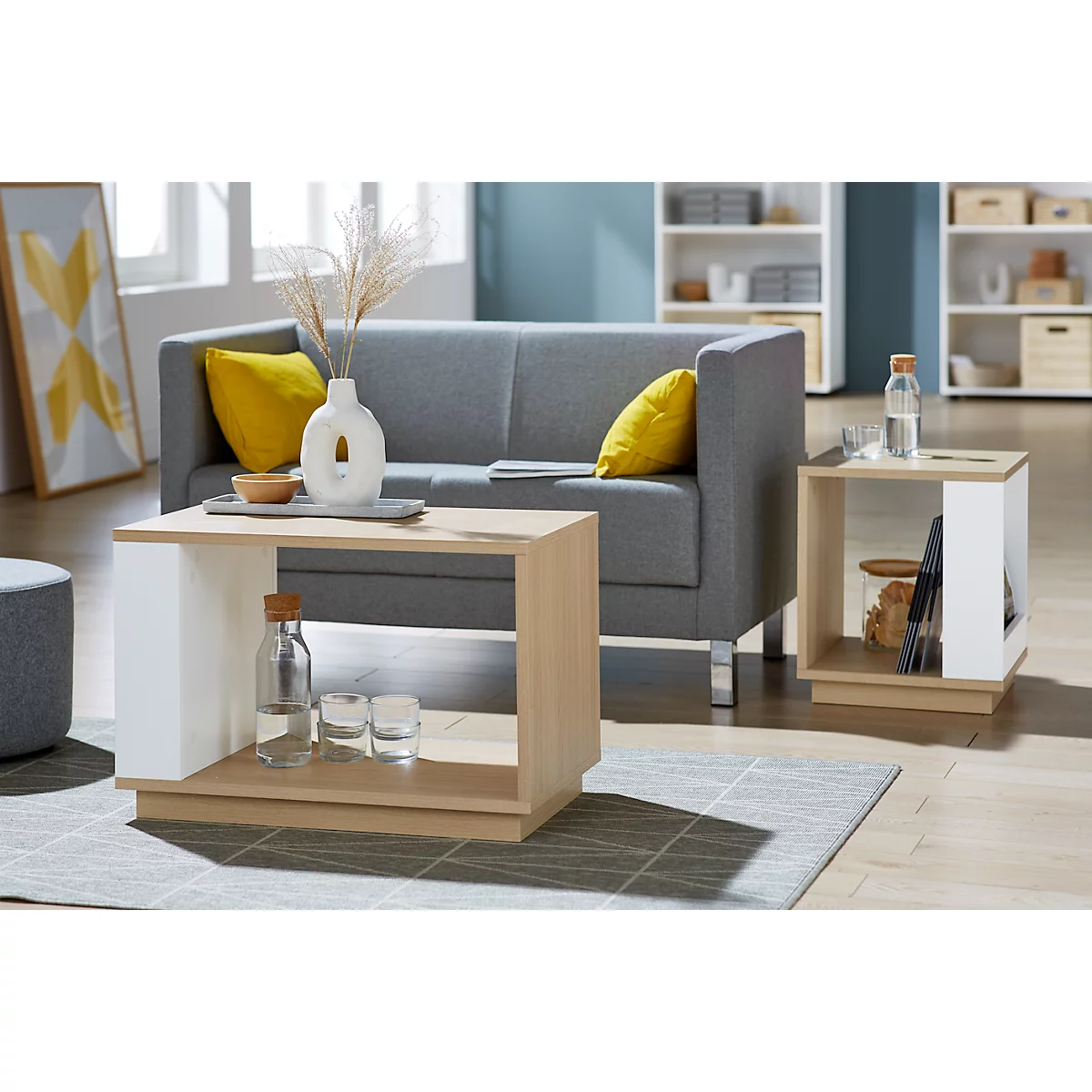 Table d'appoint Ella, compartiment latéral, L 400 x P 400 x H 470 mm, chêne clair/blanc