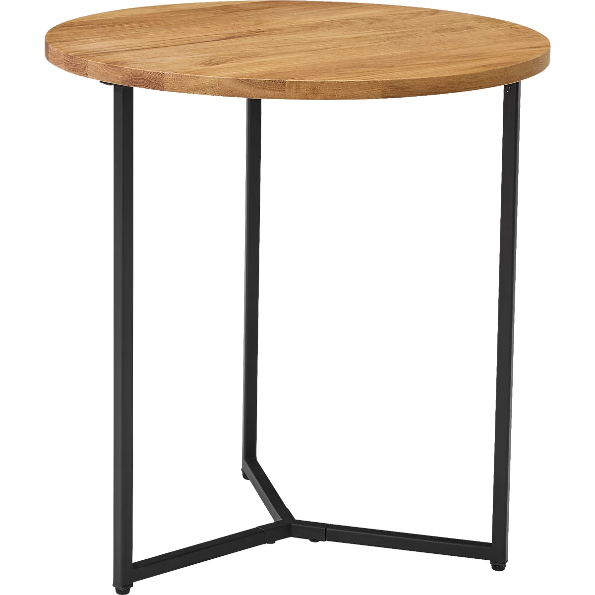 Table ronde avec plateau en bois et pieds en métal noir. Les pieds sont croisés.