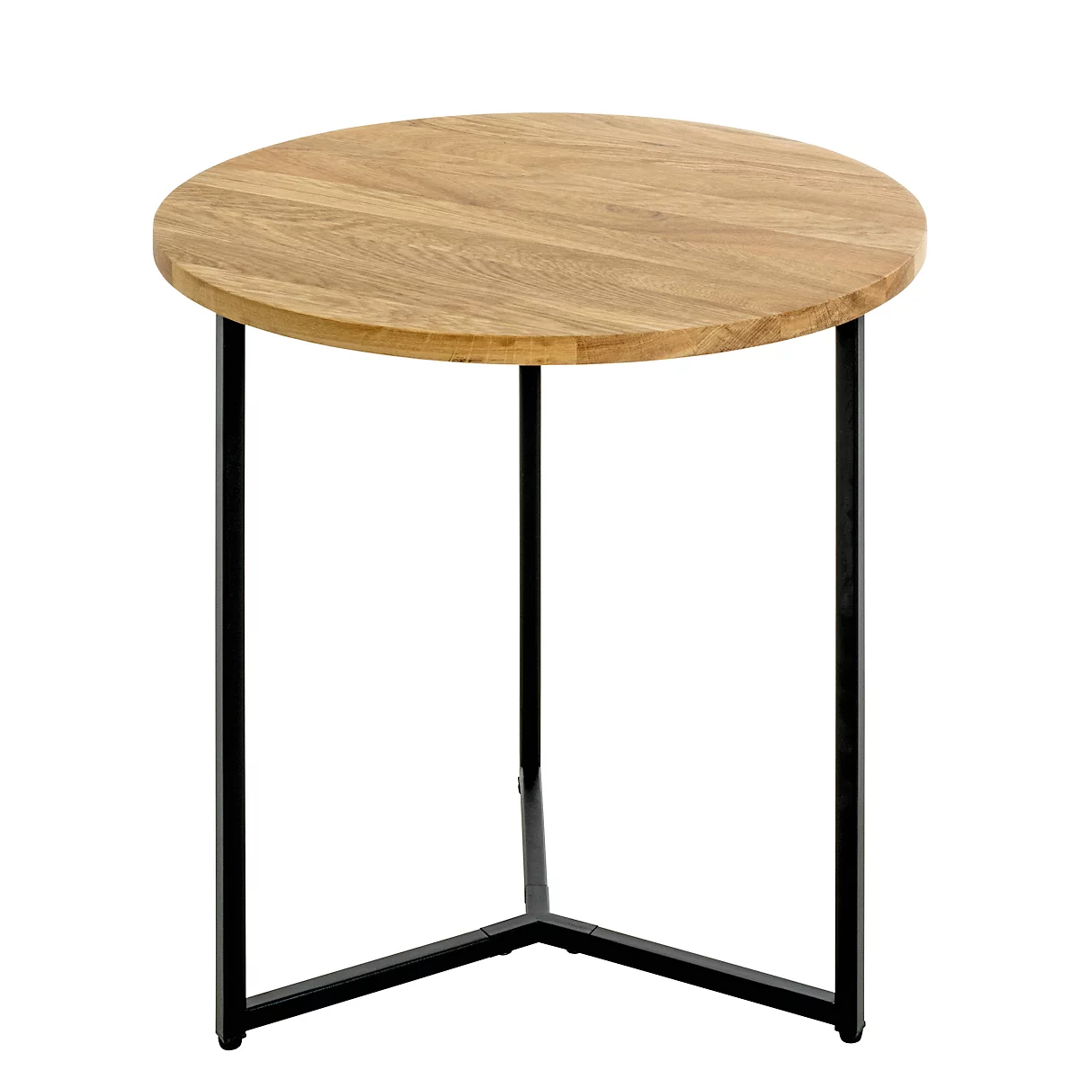 Table d'appoint ronde, plateau en bois sur cadre en métal noir.