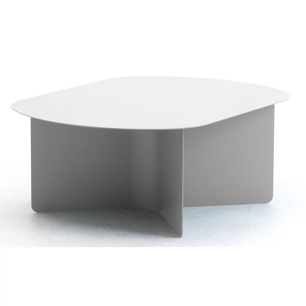 Table basse ovale moderne gris clair avec une base en croix, sur fond blanc.