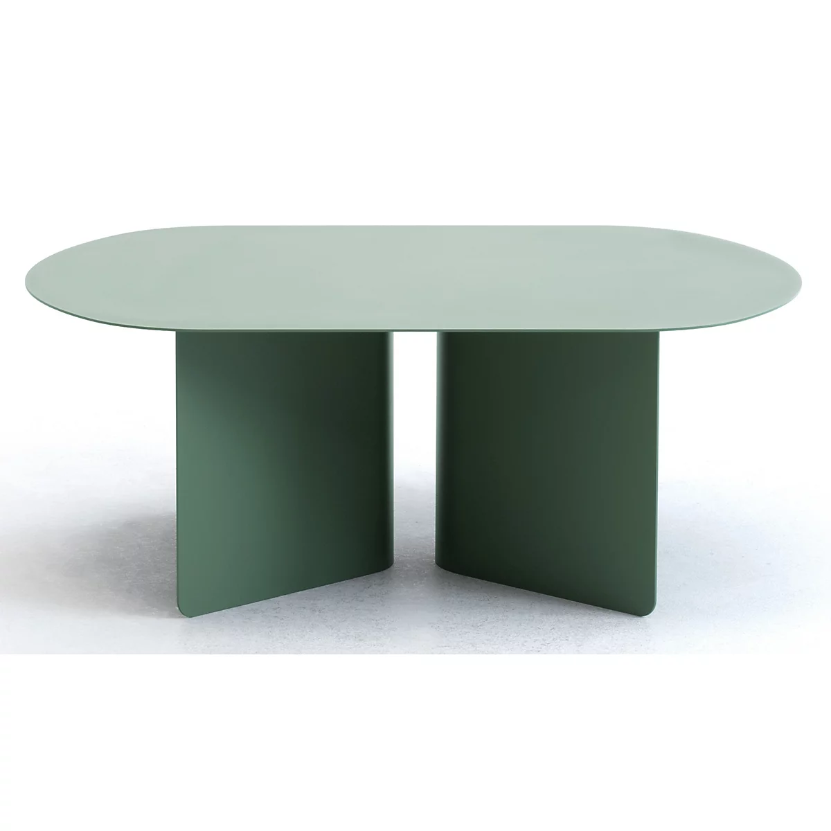 Table à manger ovale minimaliste vert sauge, avec deux pieds incurvés et stables sur un fond blanc.