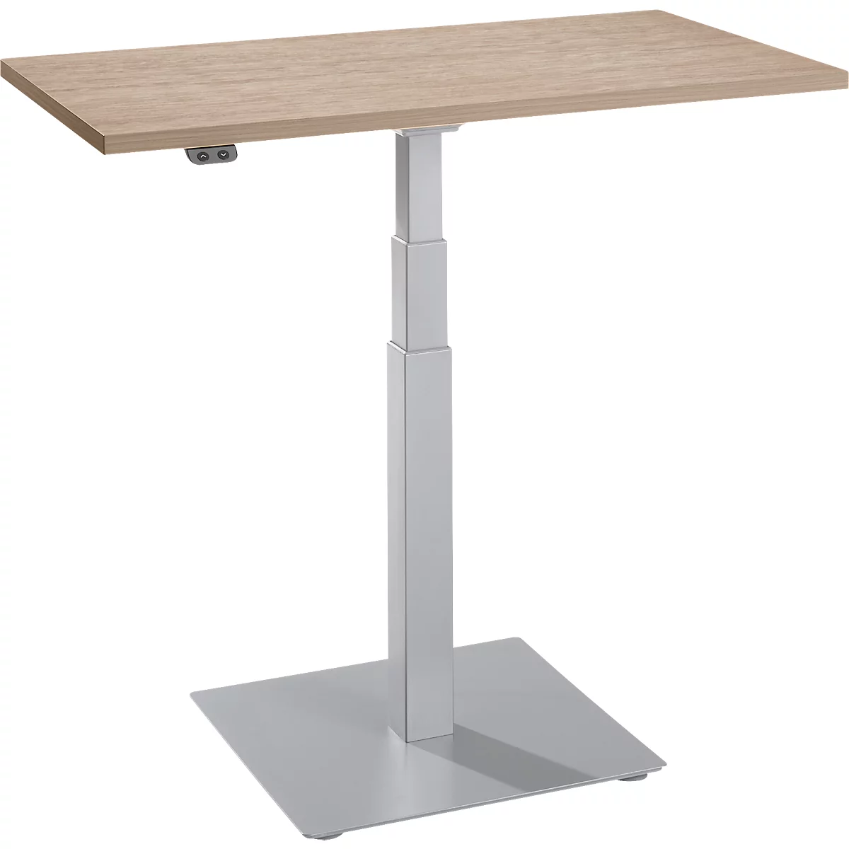 Un bureau debout réglable en hauteur avec un plateau de table brun clair et un cadre gris. Base carrée.