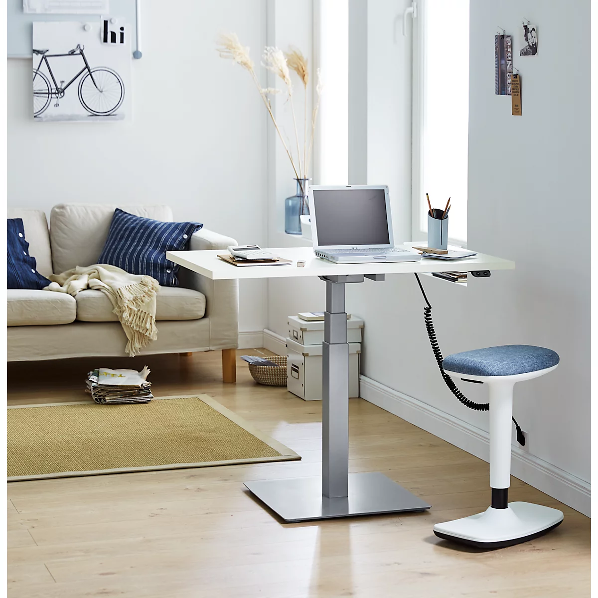 Table d'appoint Start Off, réglable en hauteur électriquement, rectangulaire, pied colonne, L 1000 x P 600 x H 635-1285 mm, blanc/aluminium blanc