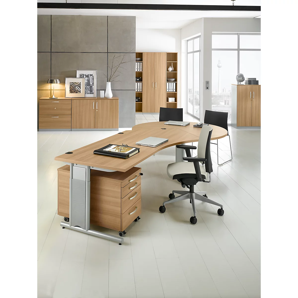 Table d'extension, 3/4 de cercle, Ø 1200 mm, extension droite/gauche, cerisier Romana/alu blanc