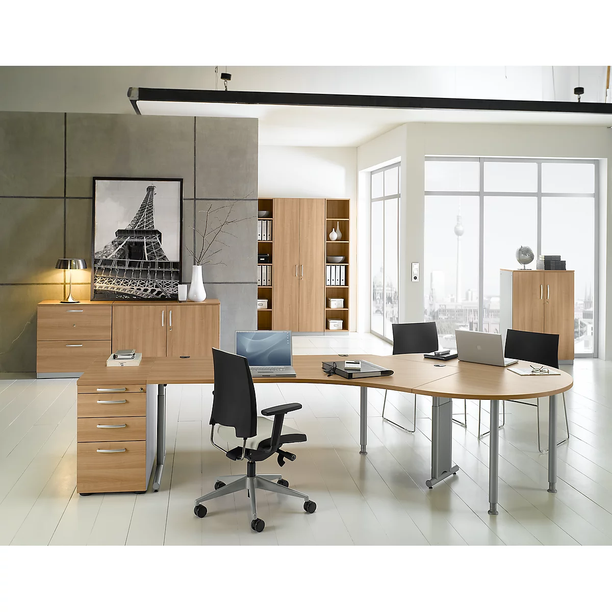 Table d'extension, 3/4 de cercle, Ø 1200 mm, extension droite/gauche, cerisier Romana/alu blanc