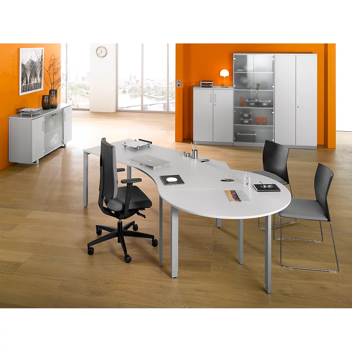 Table d'extension, 3/4 de cercle, Ø 1400 mm, extension droite/gauche, gris clair/alu blanc