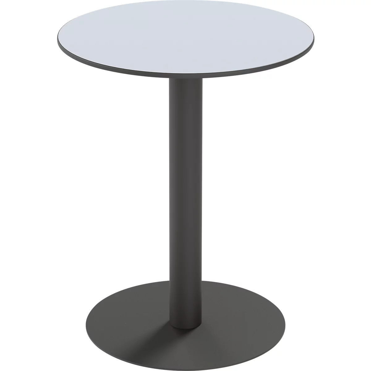 Table haute ronde avec plateau gris clair et pied central noir sur fond blanc.
