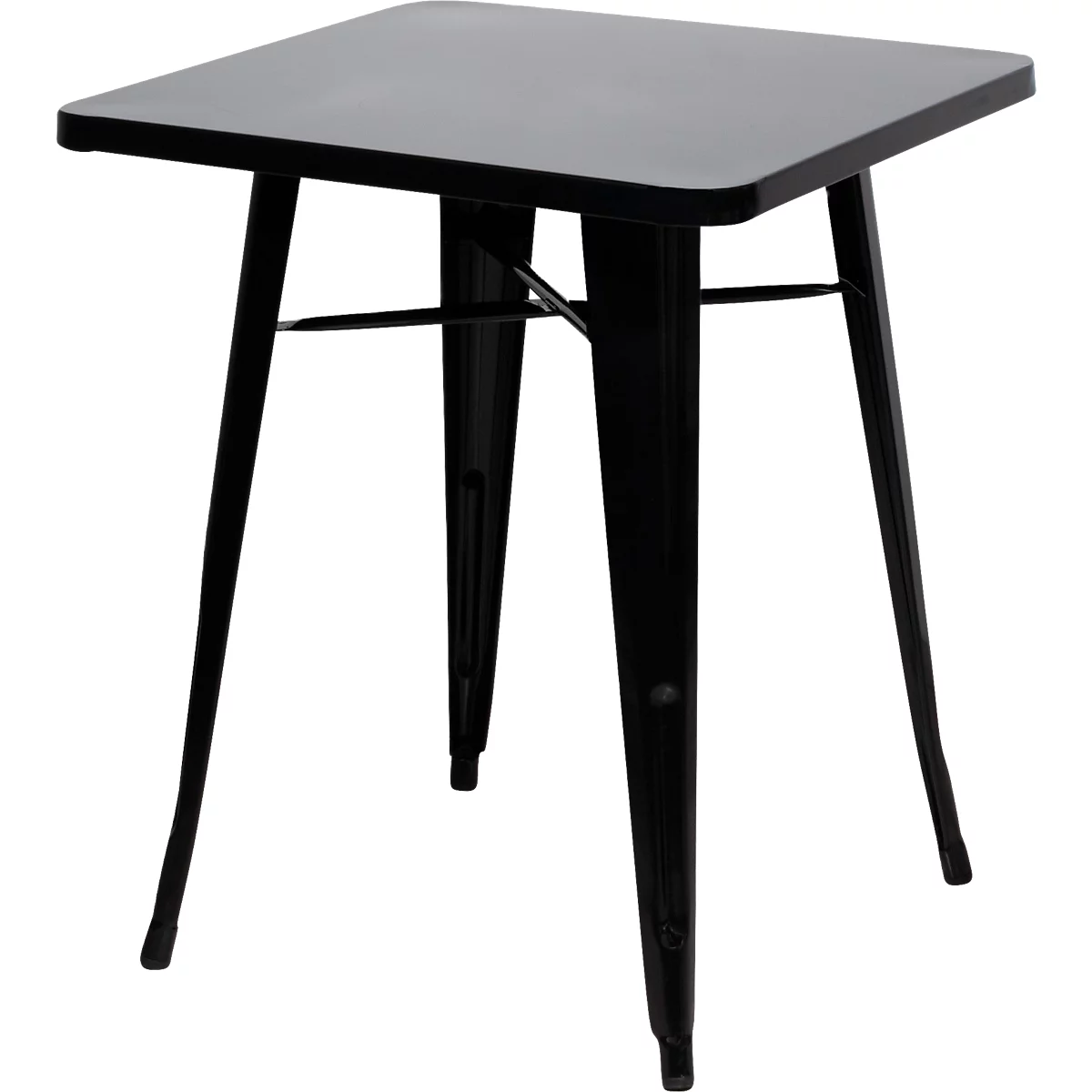 Table carrée noire. Elle a quatre pieds fins qui s'effilent vers le bas.