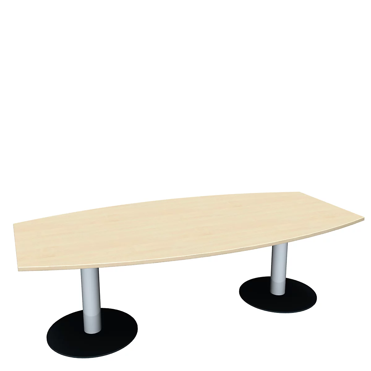 Une table de conférence ovale en bois clair avec deux pieds blancs et des pieds noirs.