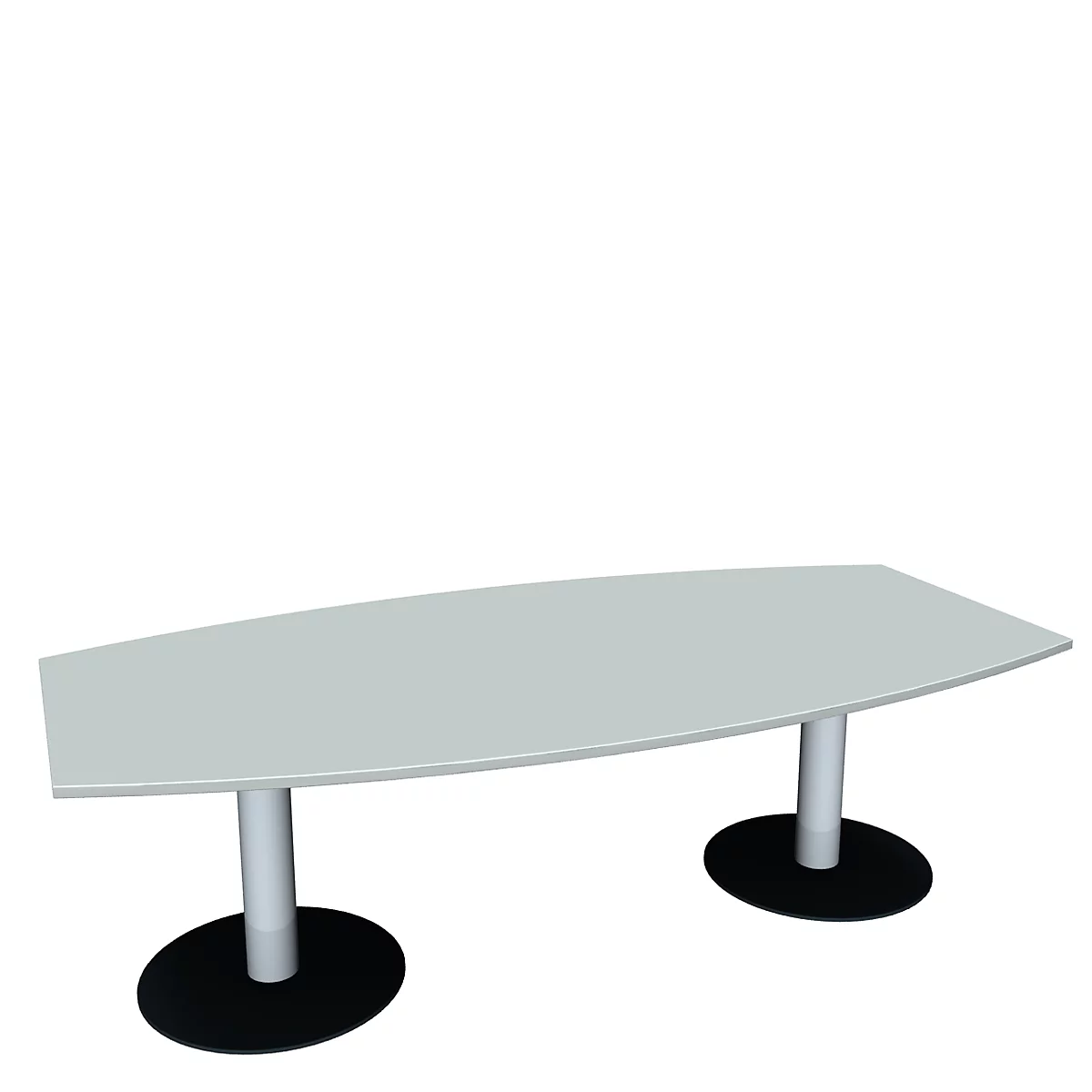 Une table de conférence ovale gris clair avec deux pieds circulaires noirs. Les pieds de la table sont cylindriques et gris clair.