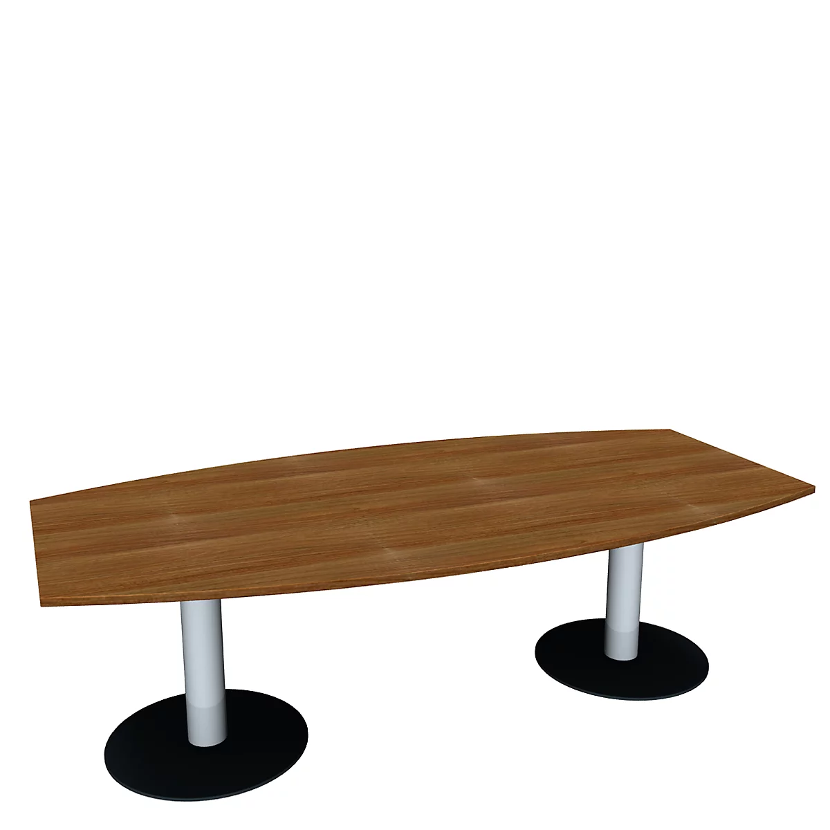 Table de conférence marron de forme ovale reposant sur deux colonnes blanches avec des bases noires.