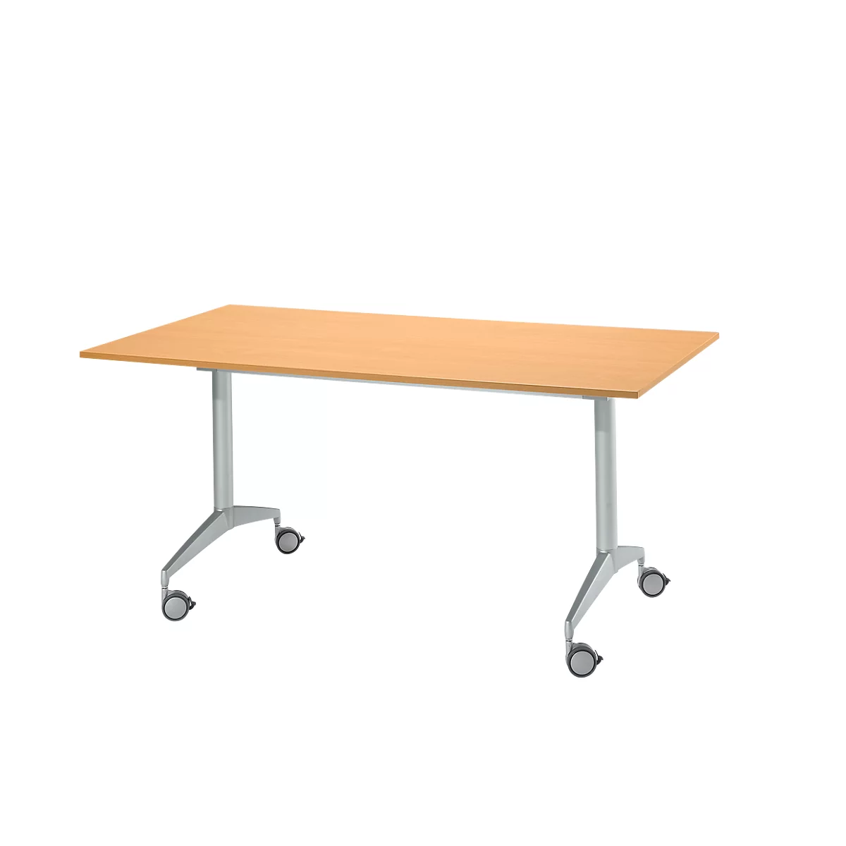Table rectangulaire brun clair avec roulettes. Les pieds de la table sont argentés.