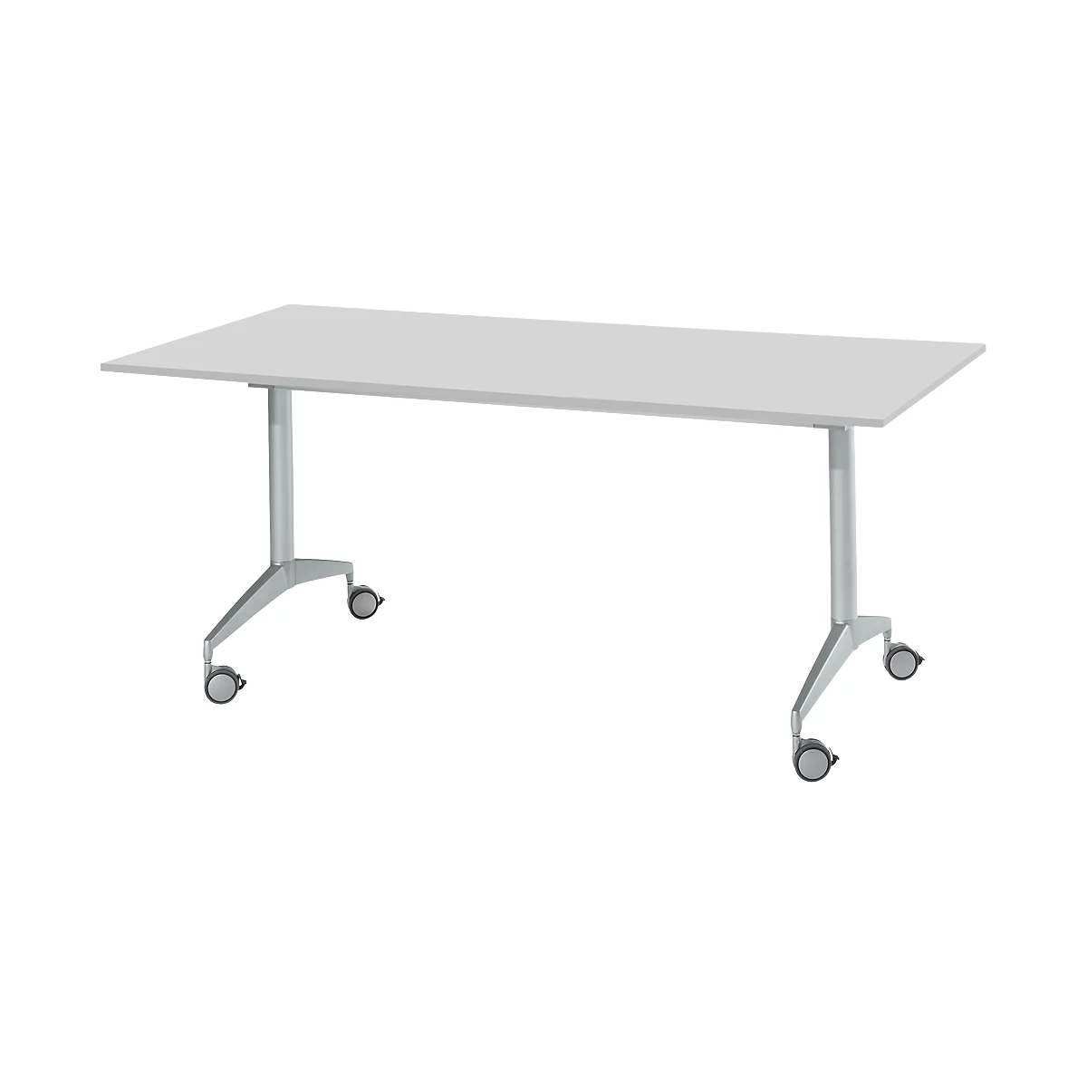 Une table rectangulaire blanche sur roulettes fixée à une base métallique.