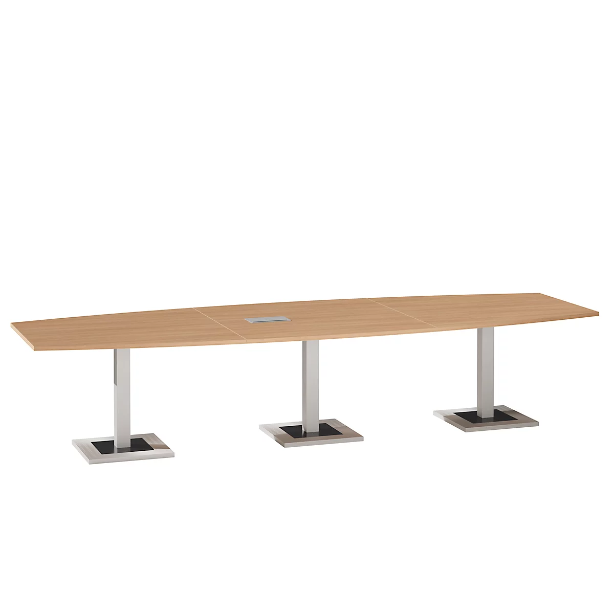 Table de réunion Quandos forme bateau, 3 segments, avec Netbox, l. 3500 x P 1200 mm, cerisier Romana
