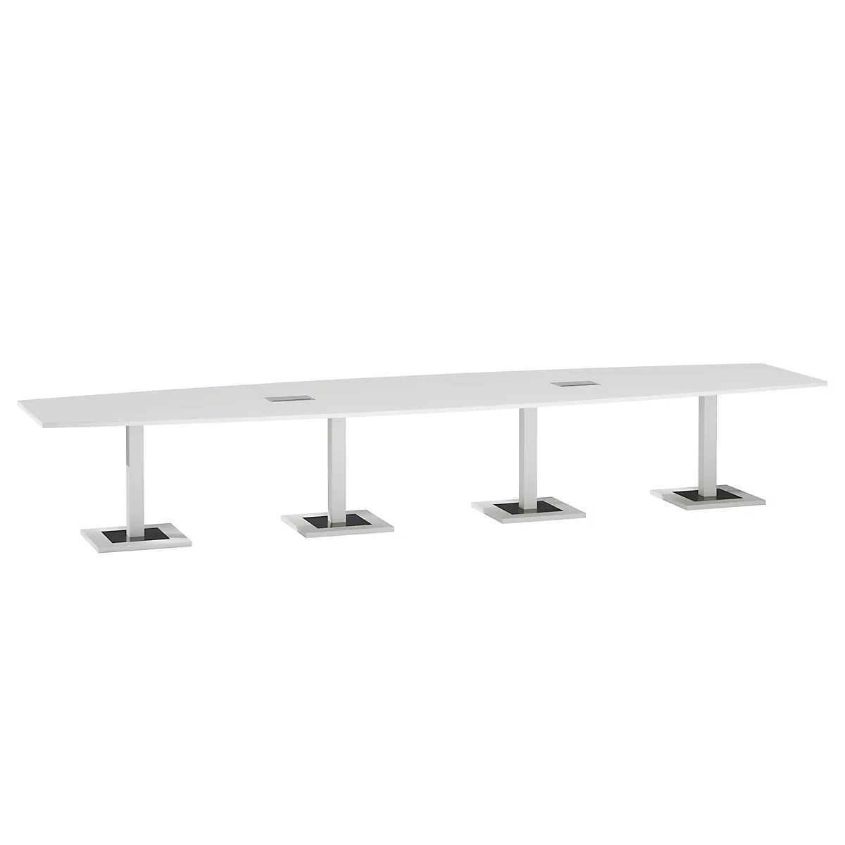 Table de réunion Quandos forme bateau, 4 segments, avec 2 Netbox l. 4500 x P 1200 mm, blanc