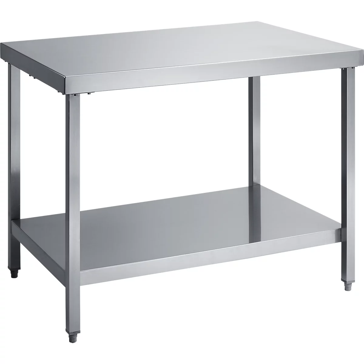 Table en acier inoxydable, rectangulaire, avec une étagère inférieure. Les pieds et le cadre sont également en acier inoxydable.
