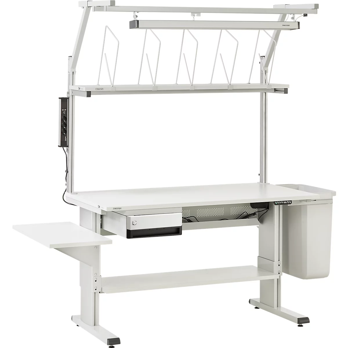 Un établi blanc réglable en hauteur avec éclairage, tiroir et conteneur à déchets.