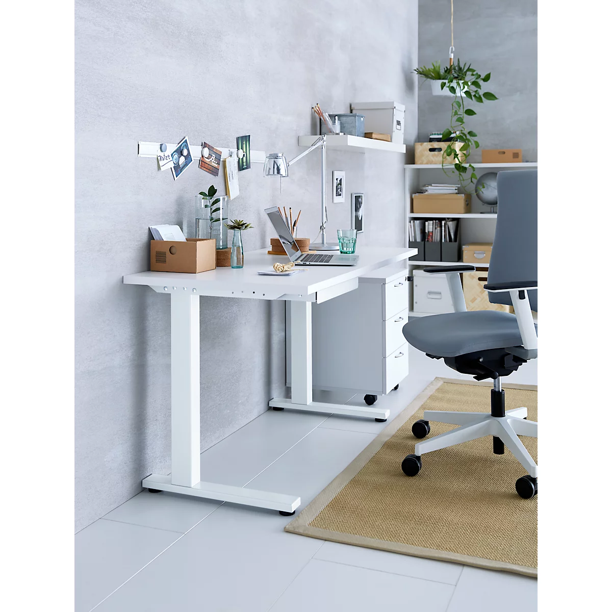 Table du Home Office avec tiroir à accessoires, rectangulaire, pied en C, L 1200 x P 600 x H 735 mm, blanc/blanc 