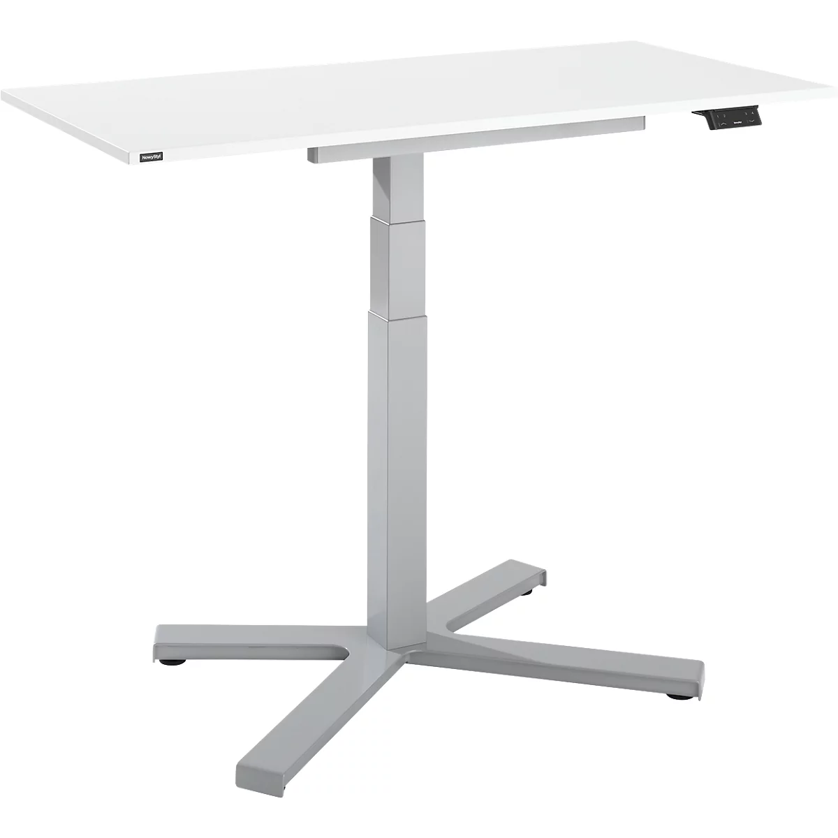 Table Home Office, réglable en hauteur électriquement, rectangulaire, pied en croix, L 1150 x P 550 x H 1100-640 mm, blanc/argenté + panneau de commande à mémoire de forme