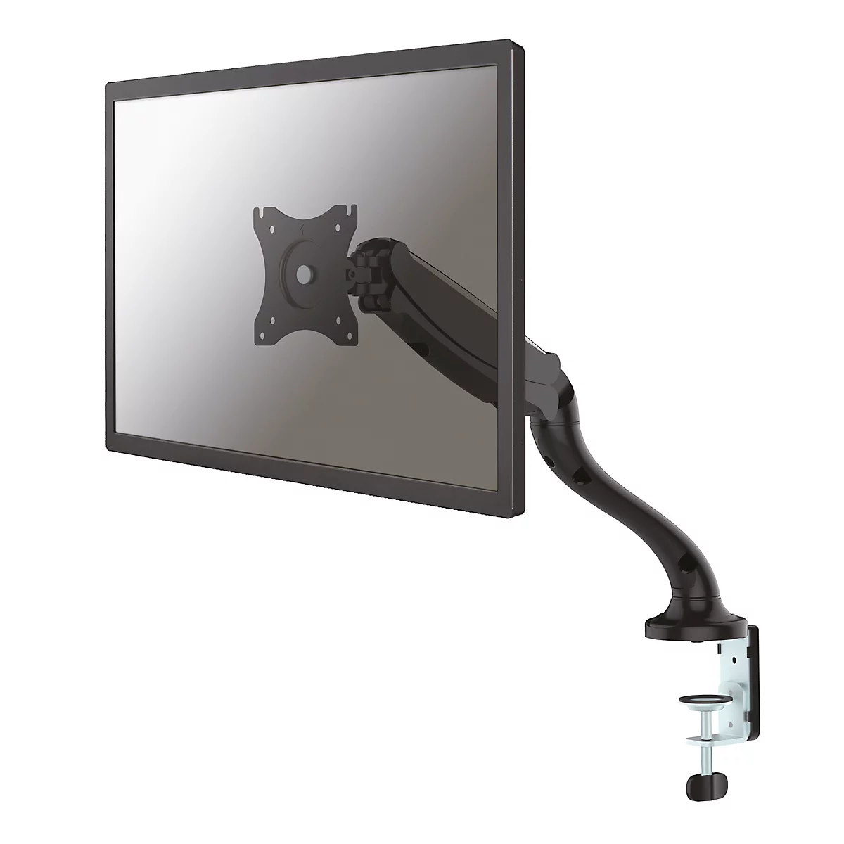 Black monitor with swivel arm on table clamp.
