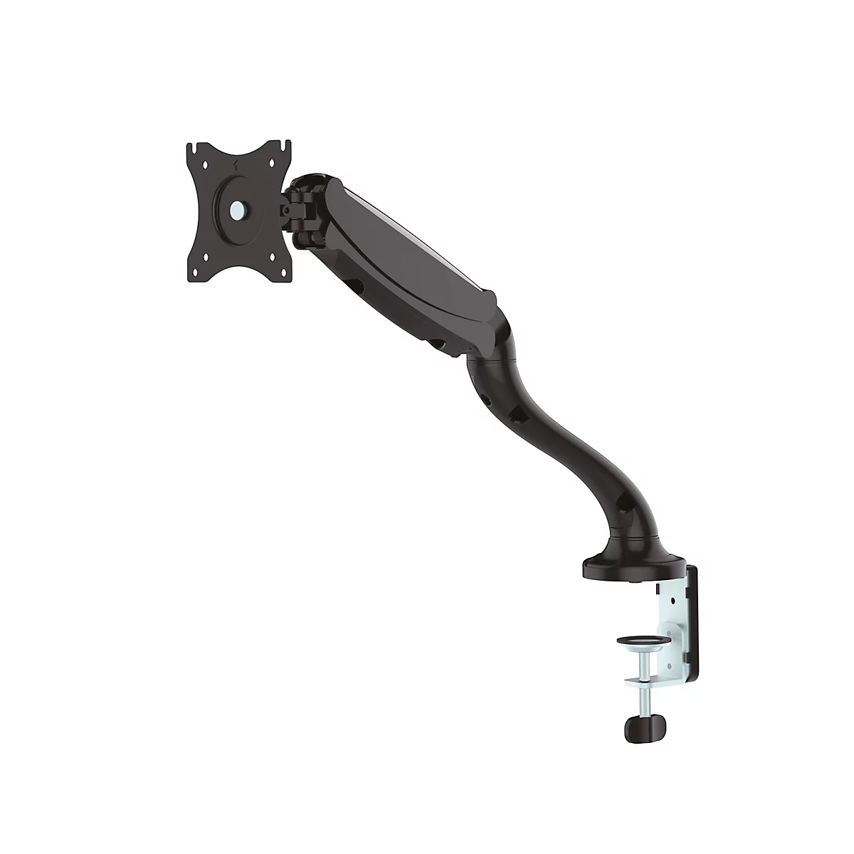 Black monitor arm against a white background. It has a desk clamp, a hinge system, and a bracket for the monitor.